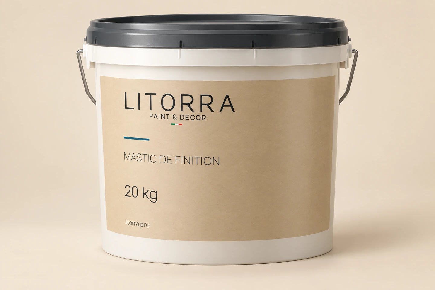 Seau LITORRA 20 kg, ancienne étiquette « Mastic de finition » (aujourd’hui MASTIC FINITION).