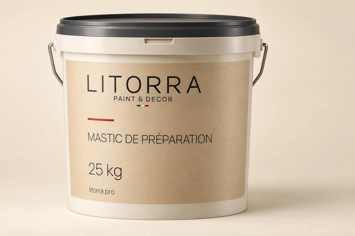Seau LITORRA 25 kg, ancienne étiquette « Mastic de préparation » (aujourd’hui MASTIC PREMIER).