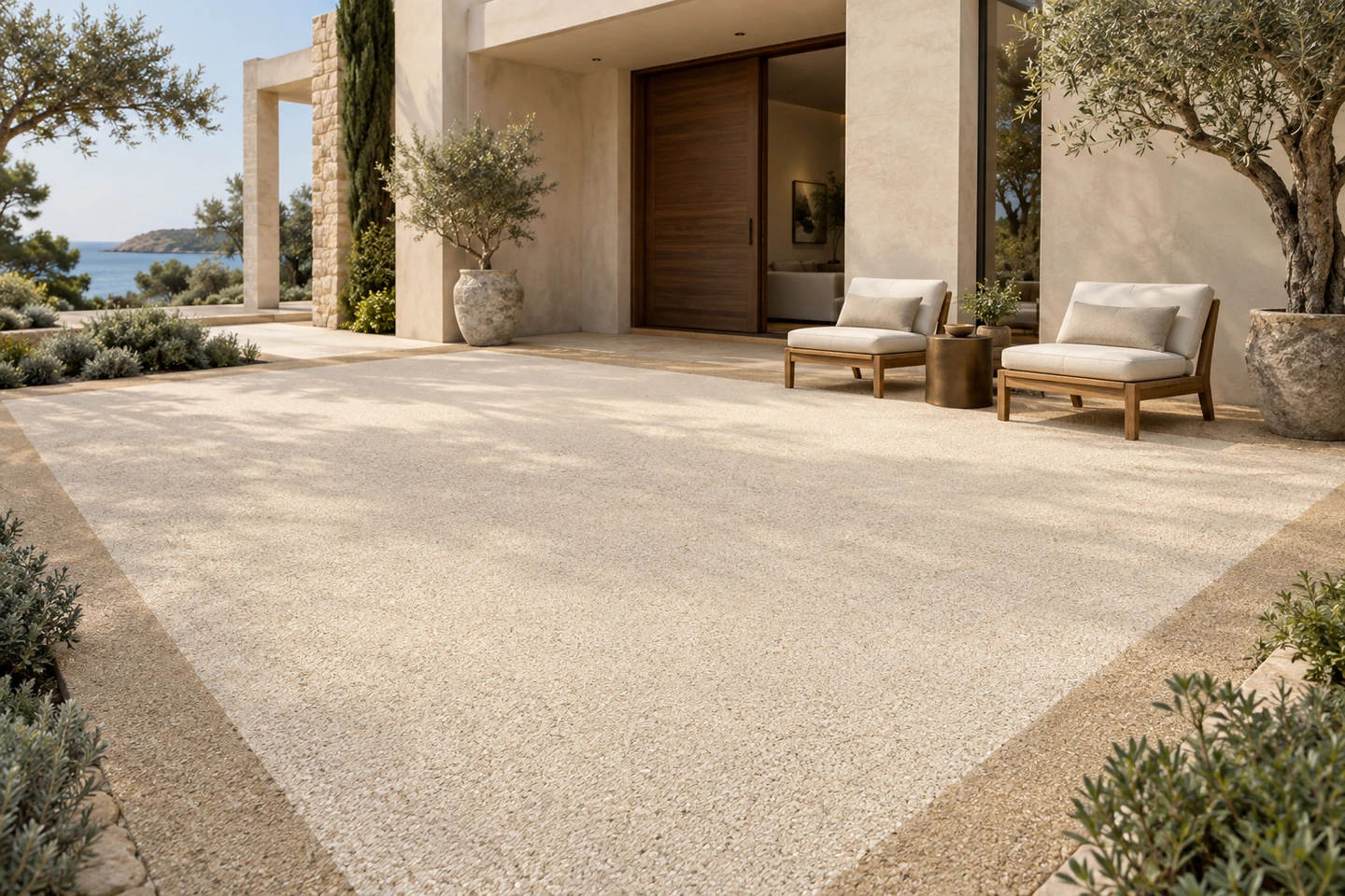 Terrasse en granulat ivoire fin, encadrée d’une bordure sable devant une villa contemporaine.