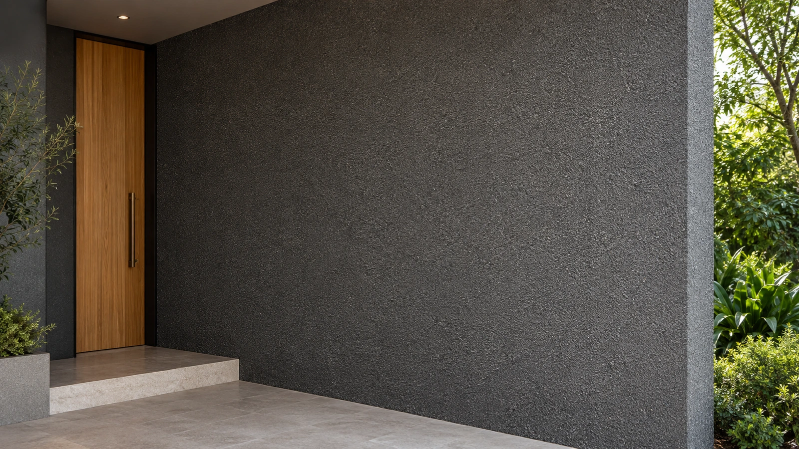 Entrée abritée avec mur à grain fin graphite et porte en bois.