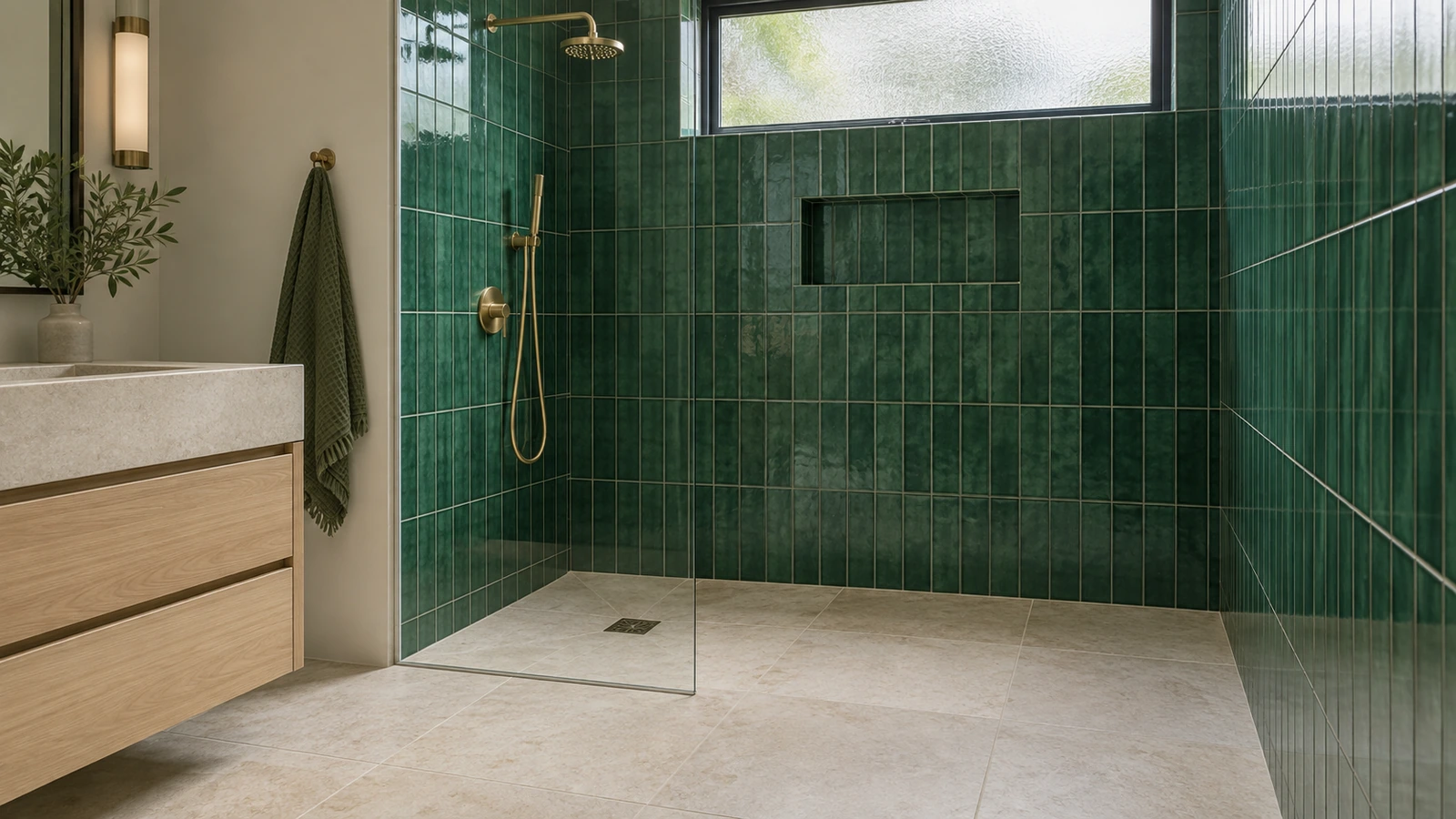 Salle d’eau carrelée vert profond, sol clair et paroi vitrée.