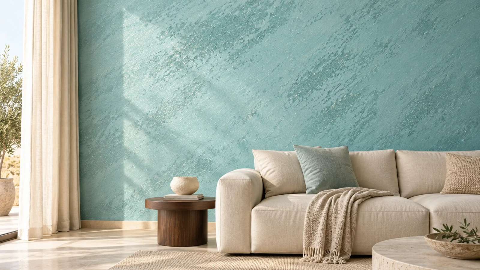 Salon au mur turquoise sablé.