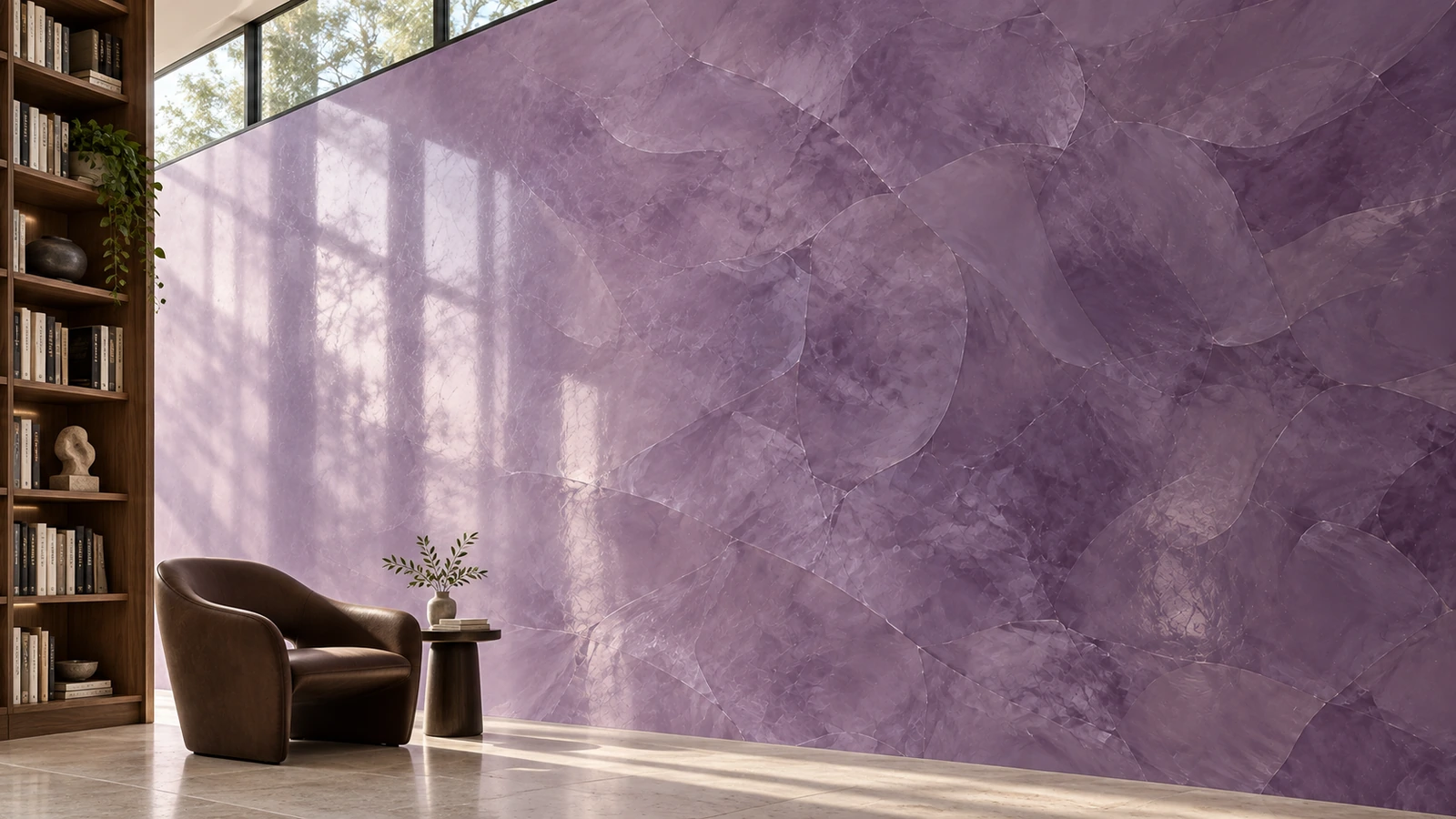 bibliothèque, mur lilas poli et lumière latérale.