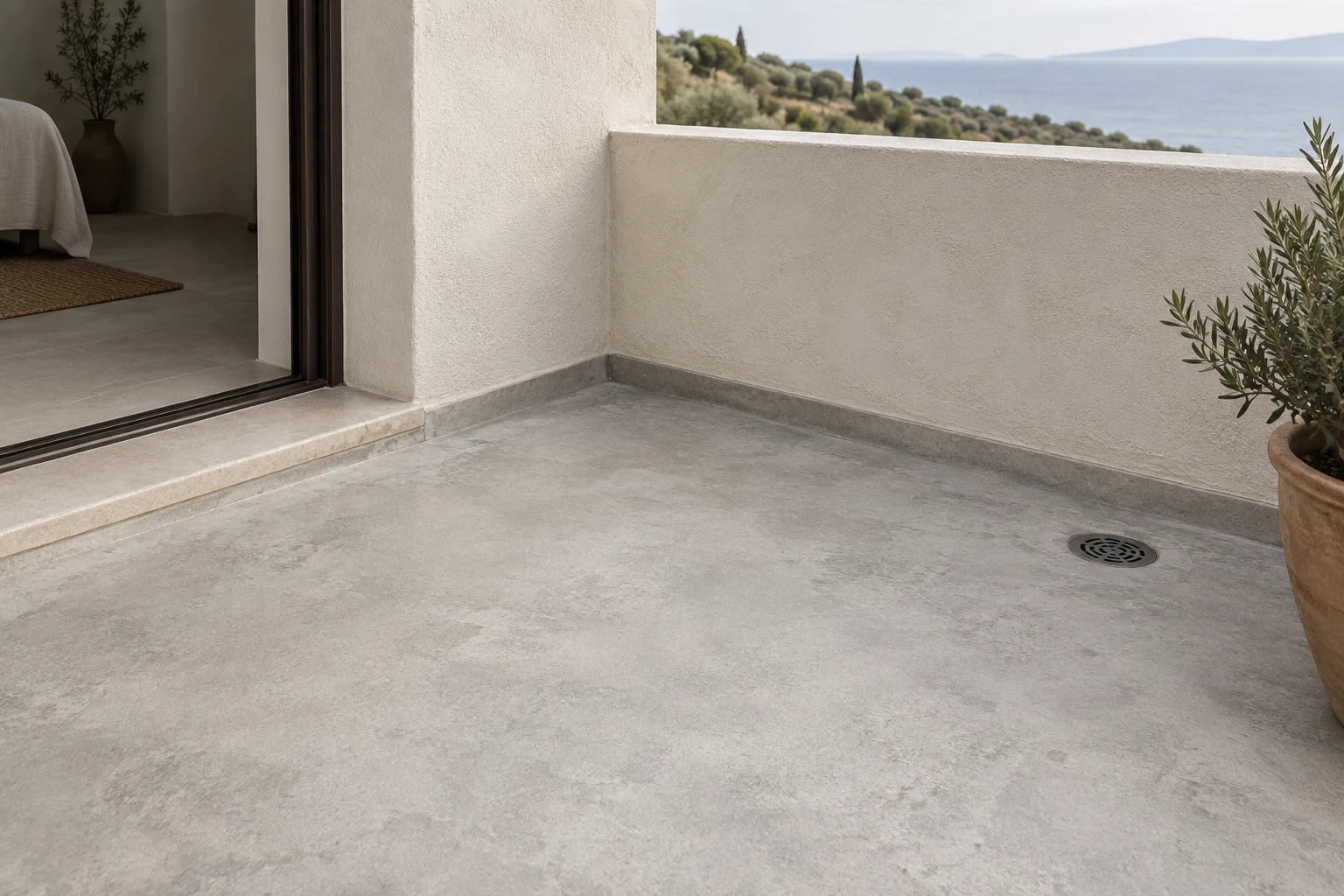 Terrasse claire, seuil et raccord au pied du mur.