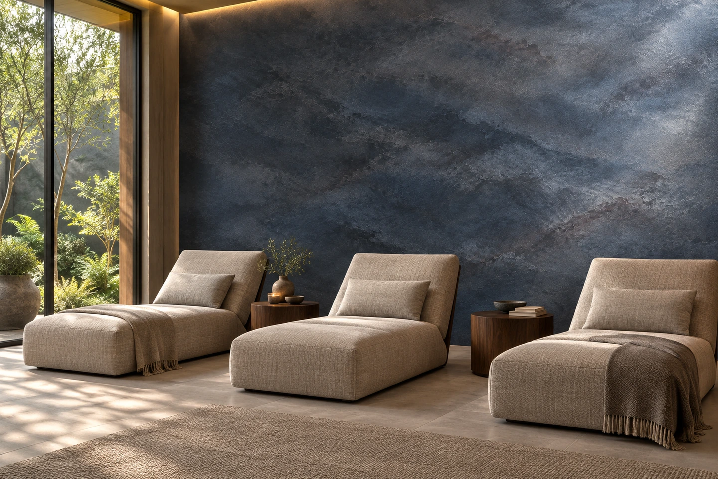 Un salon de repos bleu nuagé avec trois fauteuils de repos en lin face au jardin.