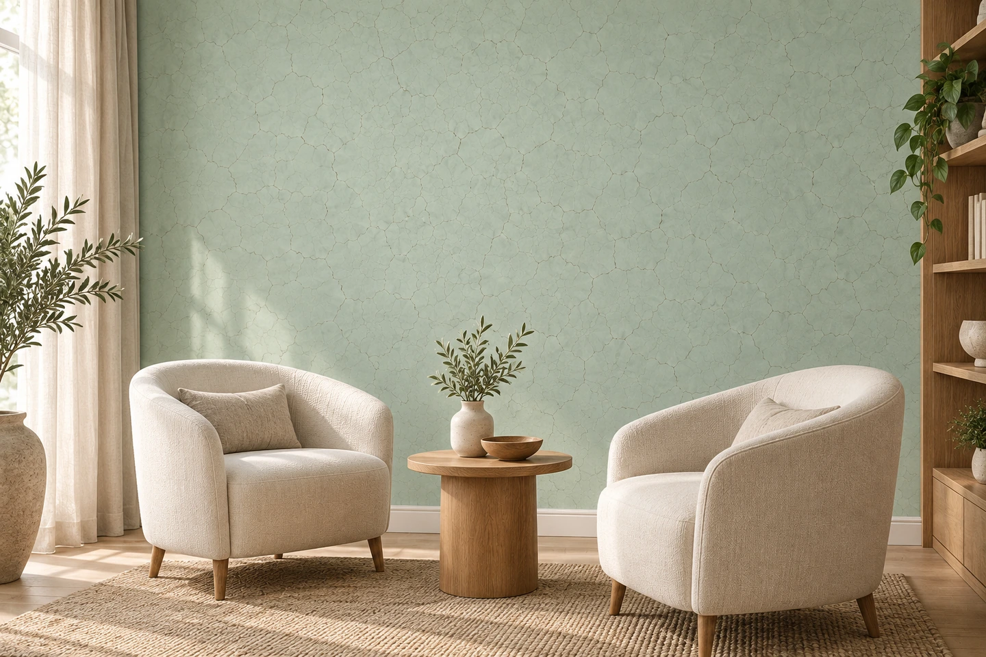Un espace de consultation vert menthe avec deux fauteuils ivoire et une table ronde en chêne.