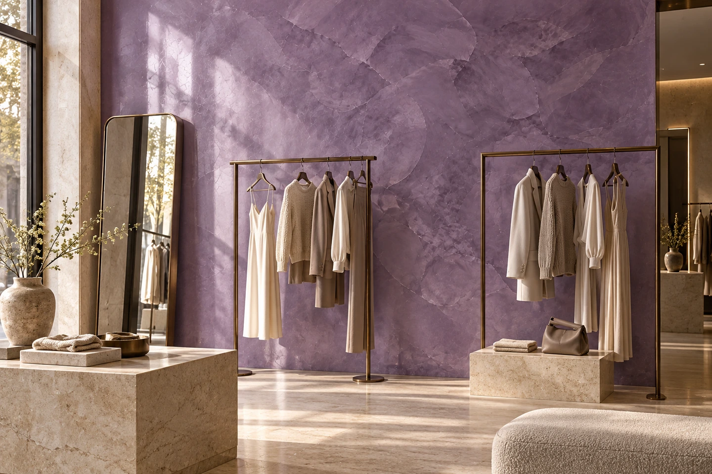 Une boutique mode, lilas poli avec portants bronze, vêtements écrus et miroir.