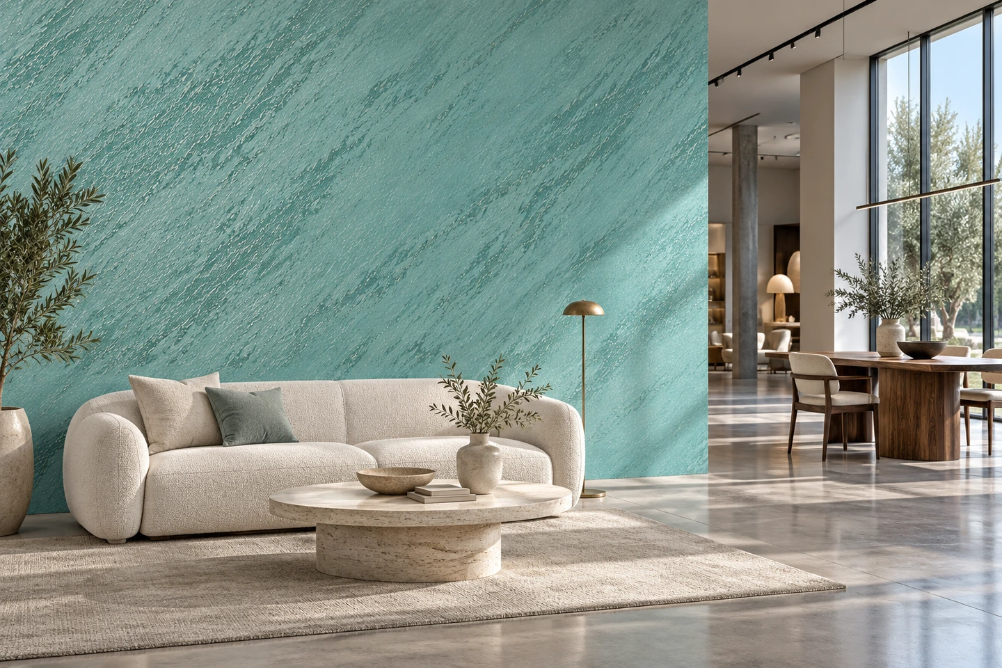 Un showroom mobilier lumineux avec deux ensembles de mobilier devant une paroi turquoise.