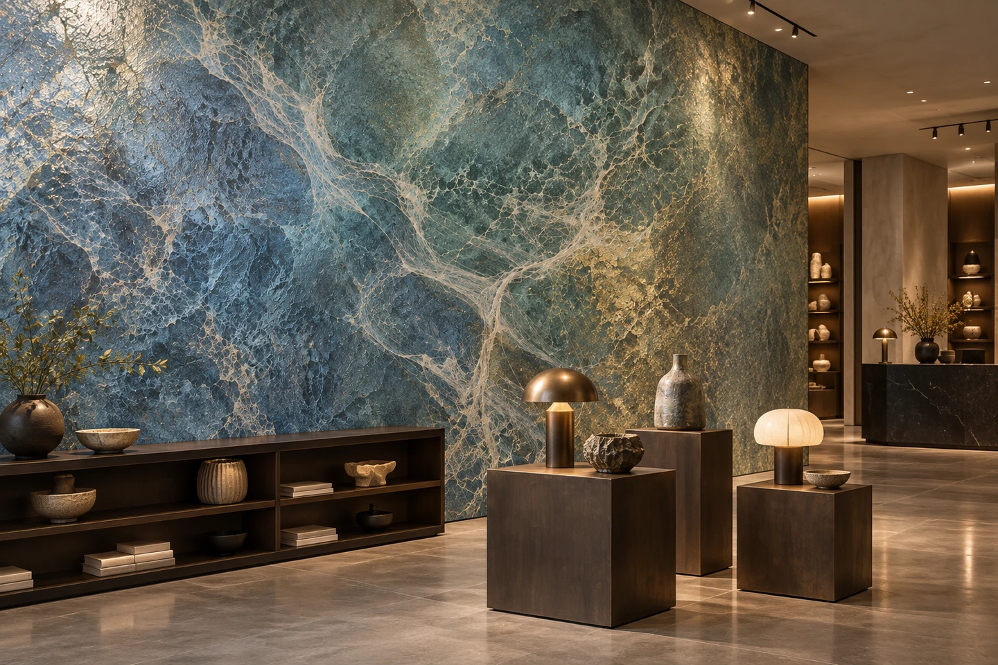 Une boutique décoration, matière irisée avec luminaires, céramiques et comptoir sombre.