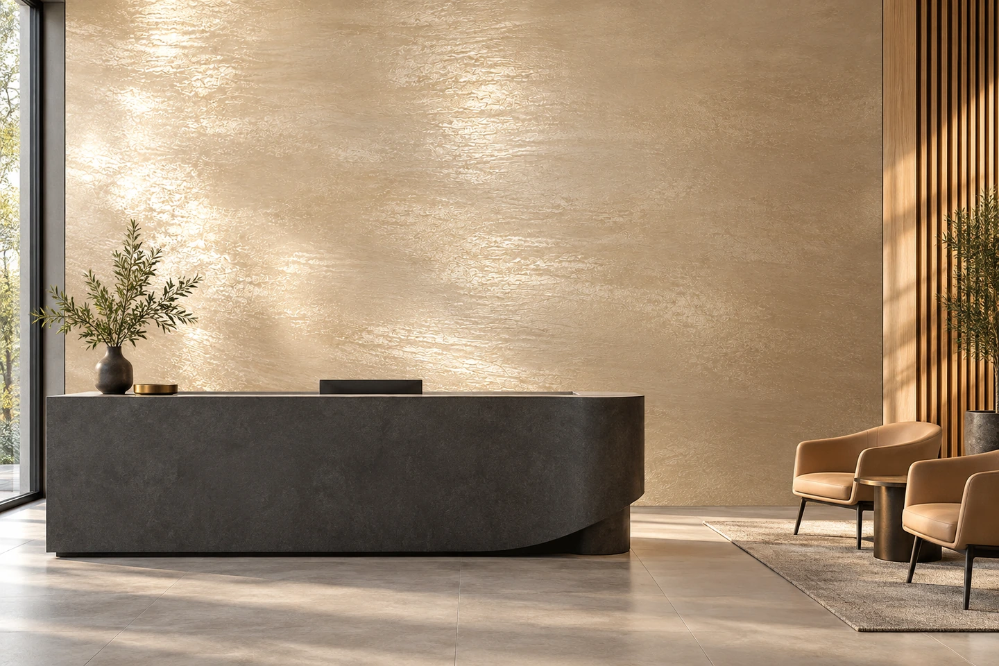 Un accueil de bureaux champagne avec banque d’accueil anthracite et fauteuils cognac.