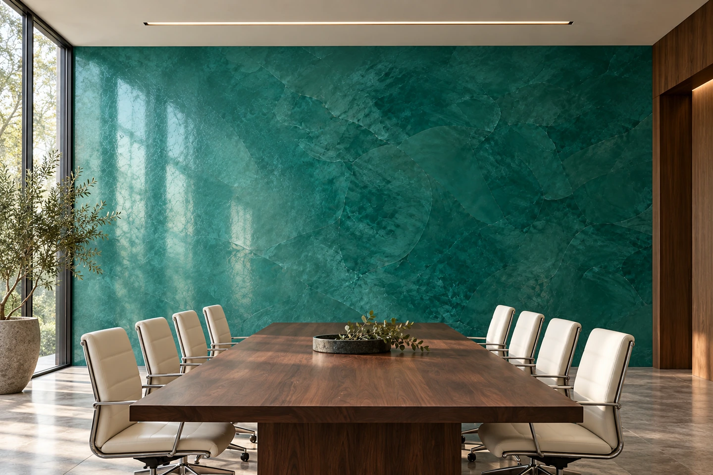 Une salle de réunion au stuc jade avec grande table en noyer et fauteuils de réunion ivoire.