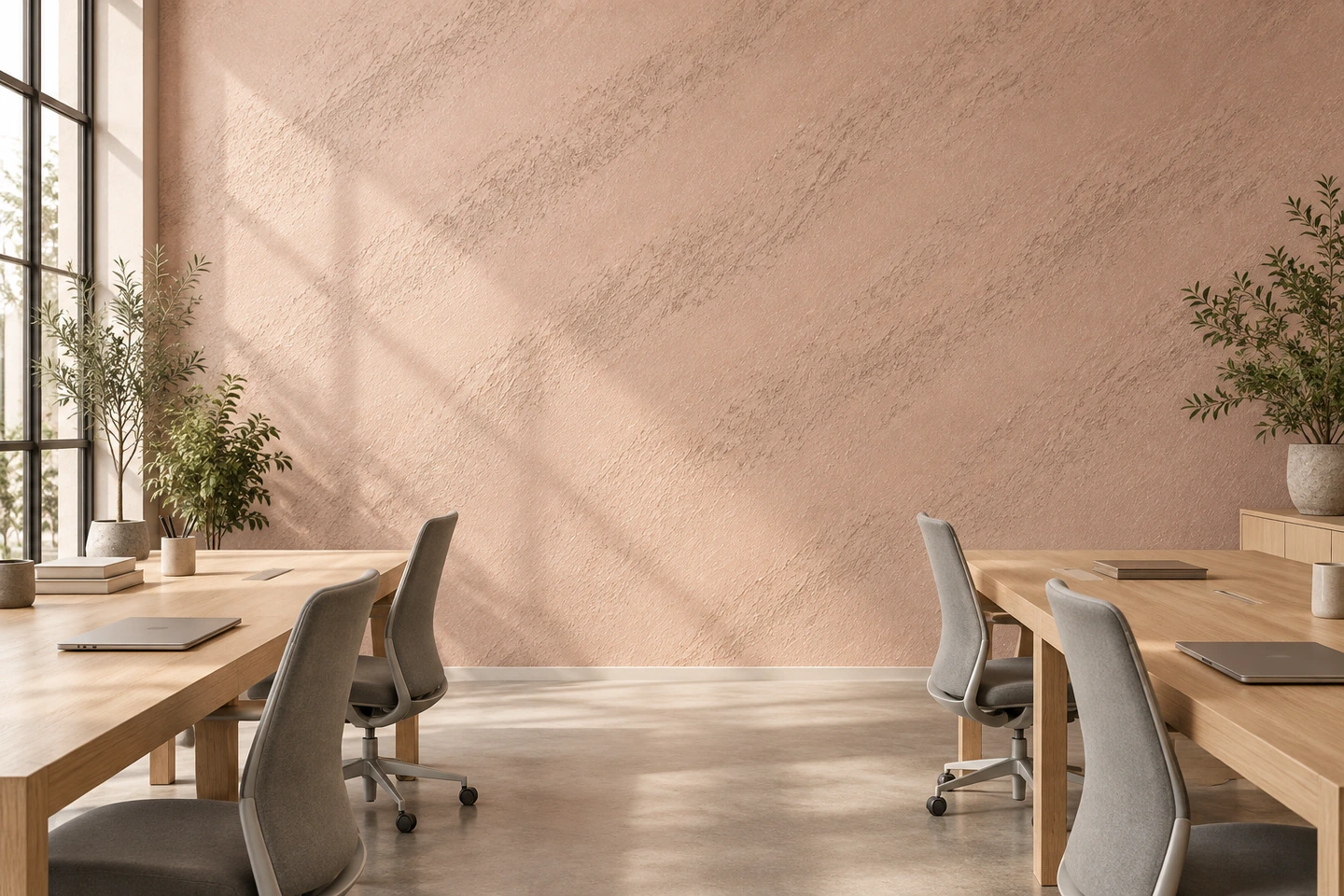 Bureau partagé ensoleillé, mur SABELORA rose poudré aux passes obliques, tables en chêne clair