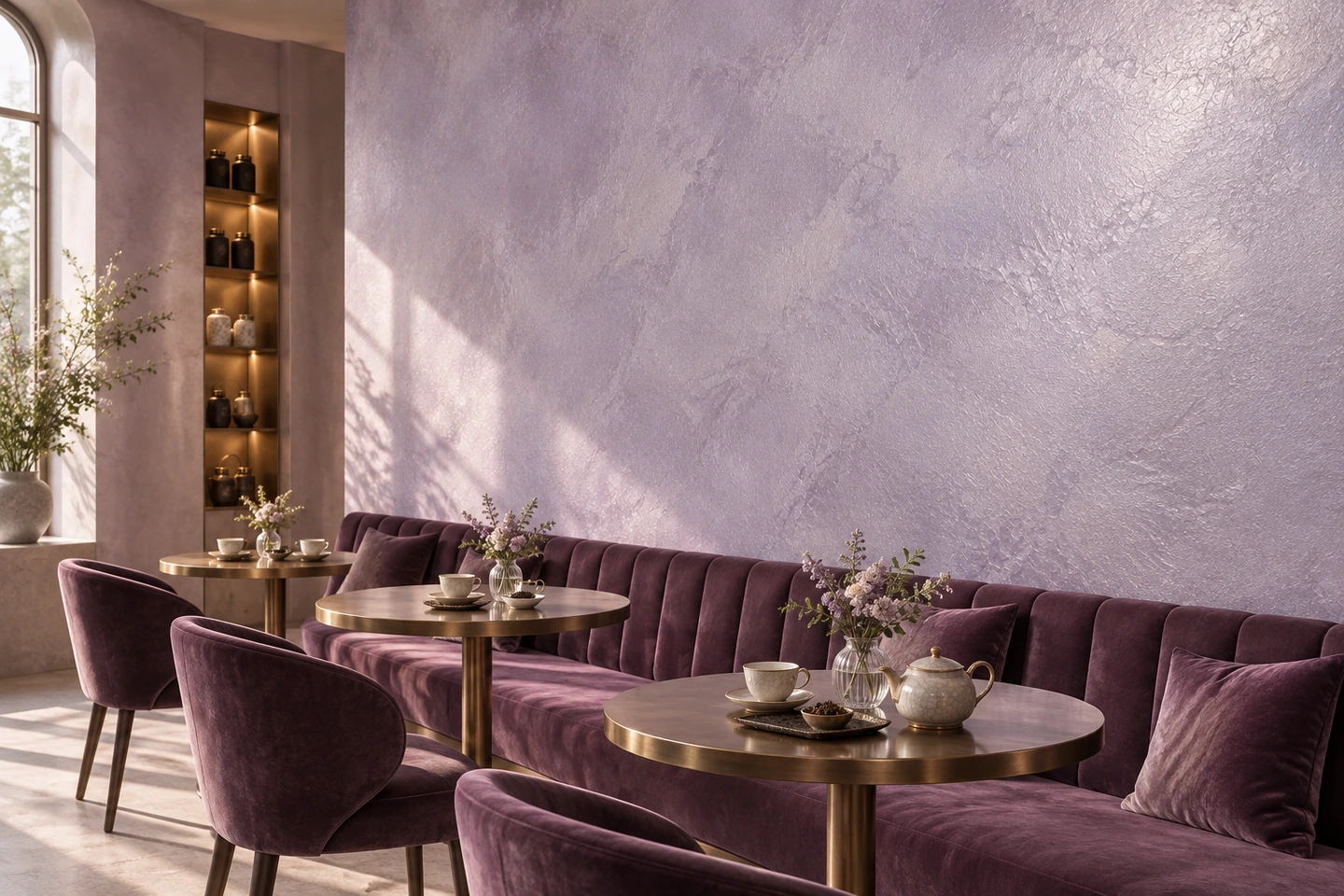 Un salon de thé aux reflets lilas avec banquettes prune et tables rondes en bronze.