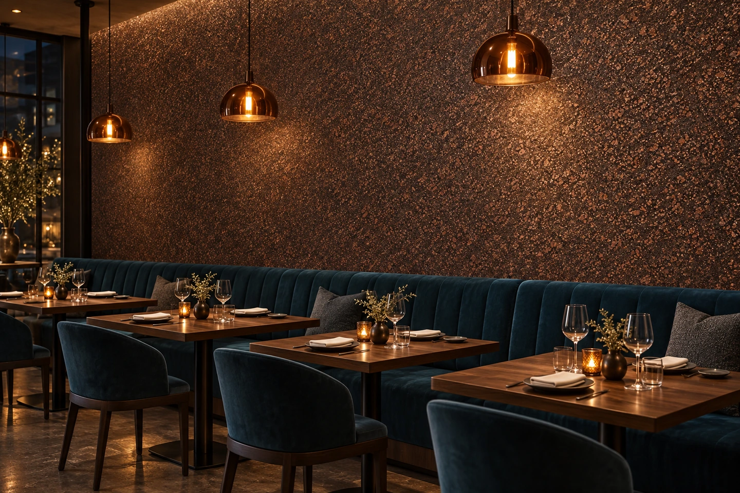 Une salle de restaurant cuivrée: finition décorative visible et mobilier coordonné.