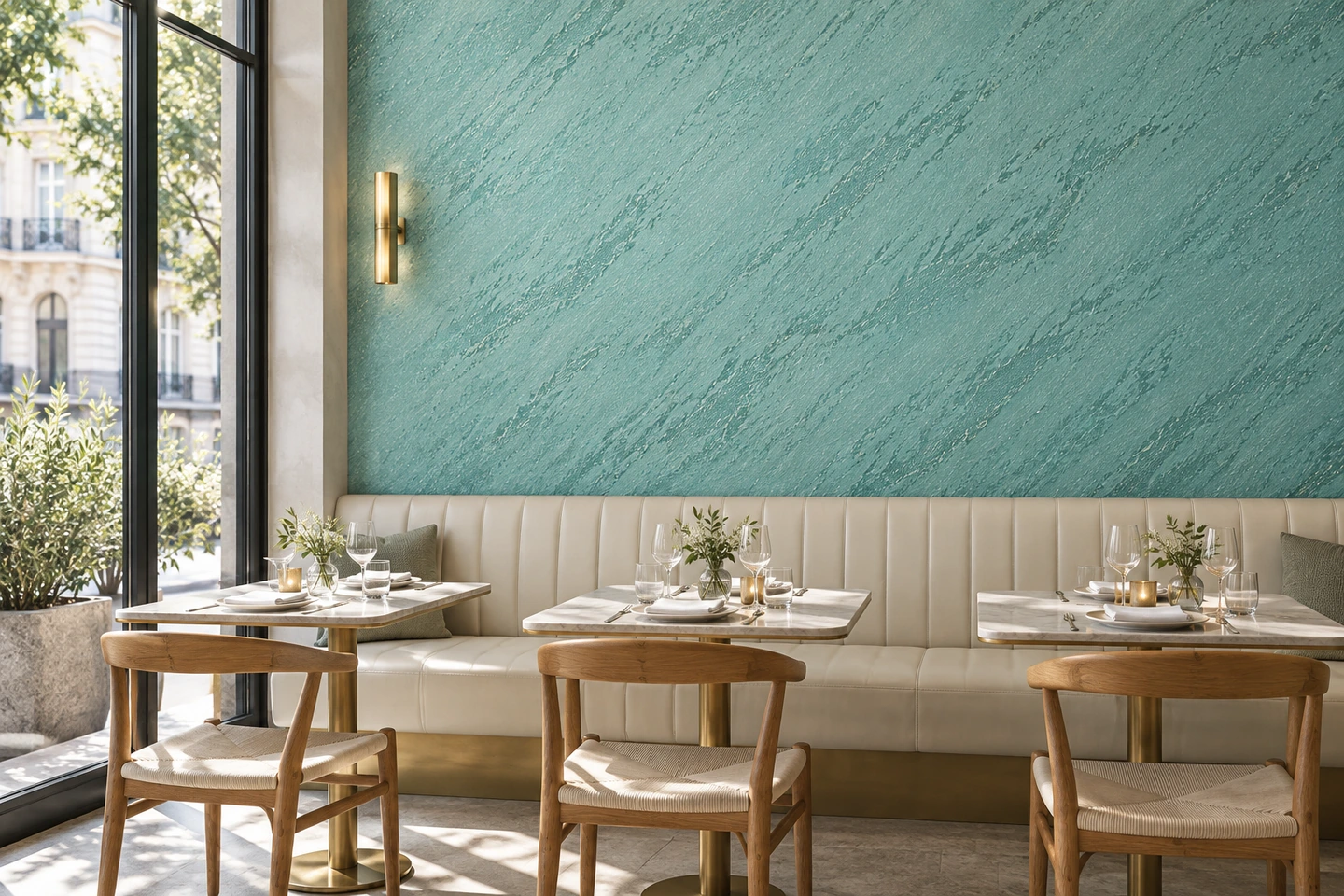 Une brasserie aux murs turquoise avec banquette ivoire, tables et chaises en chêne.