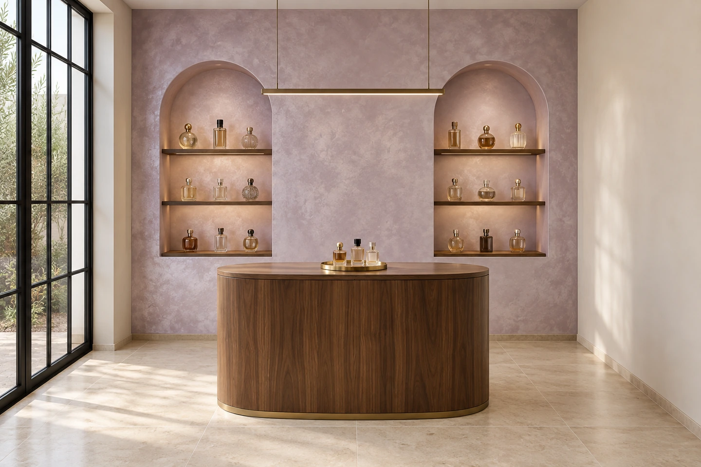 Parfumerie aux niches cintrées, murs NACÉLUNE lilas nacré et comptoir ovale en noyer