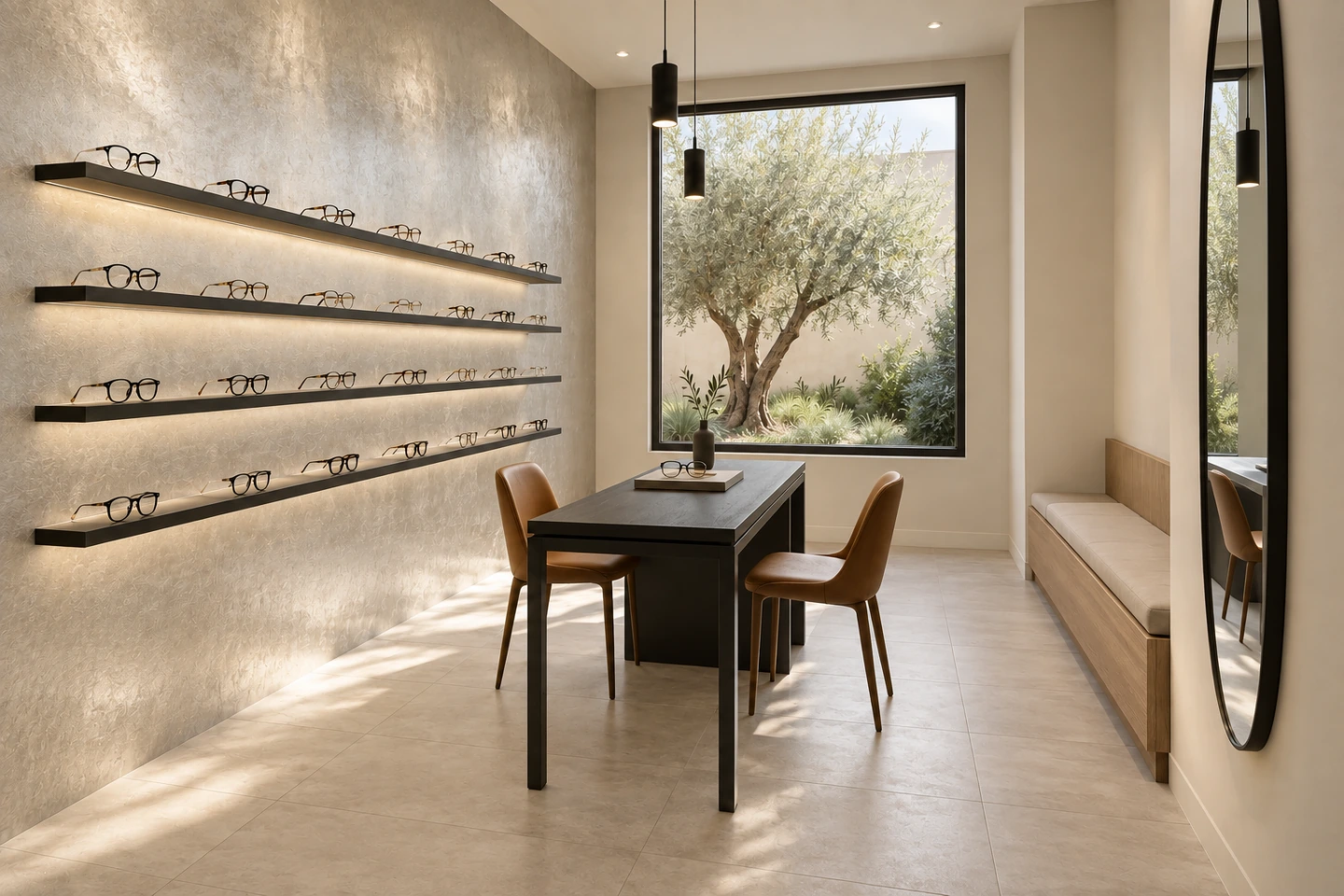 La même boutique de lunettes vue depuis la droite de l’entrée, vers les quatre étagères.