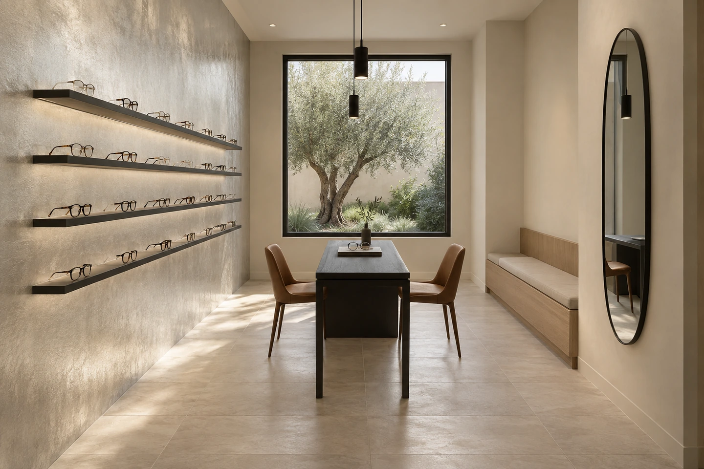 Boutique d'optique, mur FERRÉLYS LIGHT champagne clair derrière des étagères de lunettes éclairées