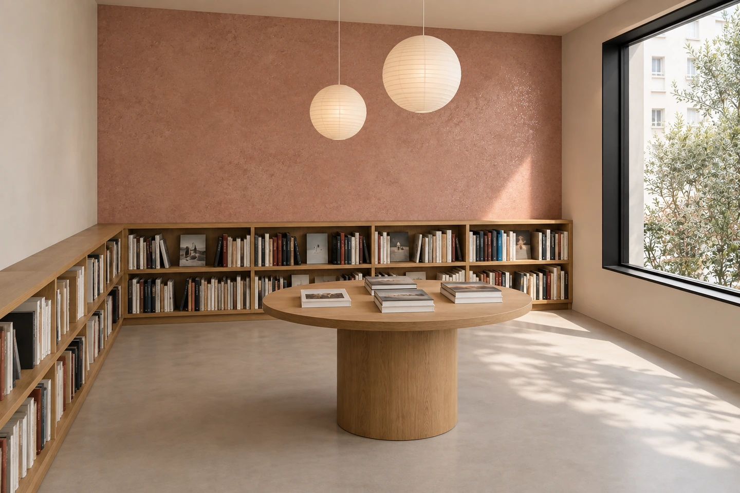 La même librairie vue en diagonale, avec table ronde et rayonnages en L.