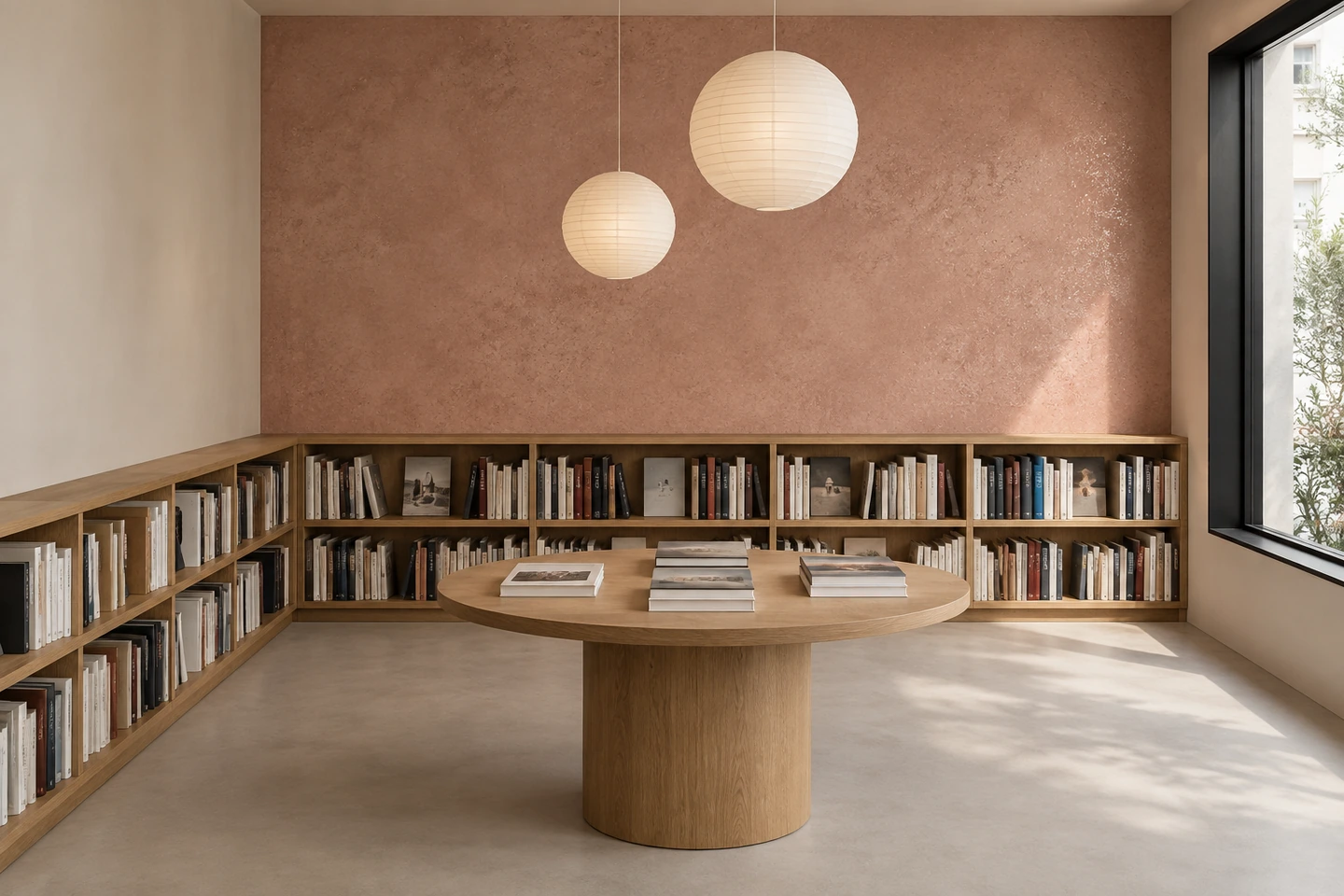 Librairie, mur SABELORA vieux rose au-dessus d'étagères basses, table ronde en chêne et suspensions en papier