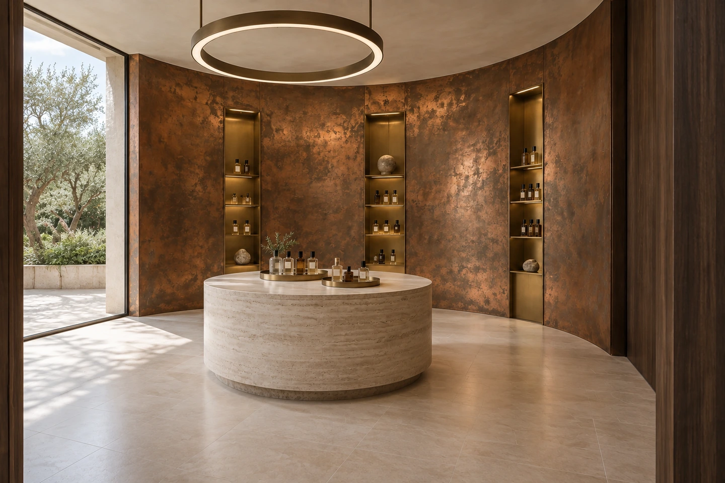 Parfumerie, cuivre et travertin — autre angle.