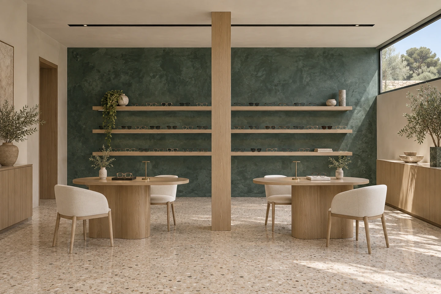 Boutique, mur STUCCORIA vert jade nuagé derrière des étagères en chêne, tables rondes et sol en terrazzo