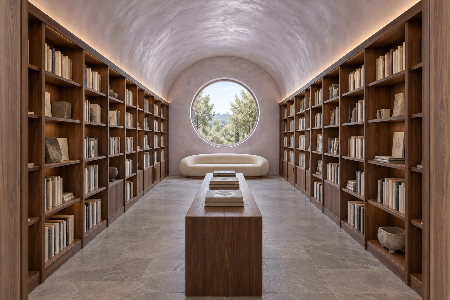Librairie sous voûte NACÉLUNE lilas pâle nacré, bibliothèques en noyer et fenêtre ronde