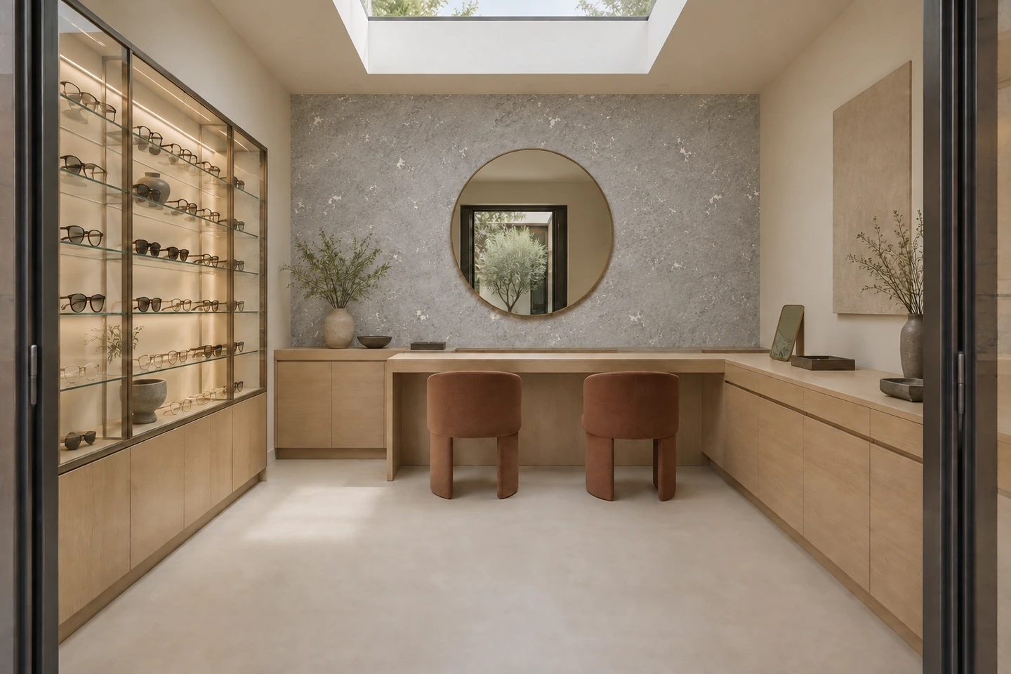 Boutique d'optique : mur MOSAËLYS gris argent à éclats clairs autour d'un miroir rond, sous un puits de lumière
