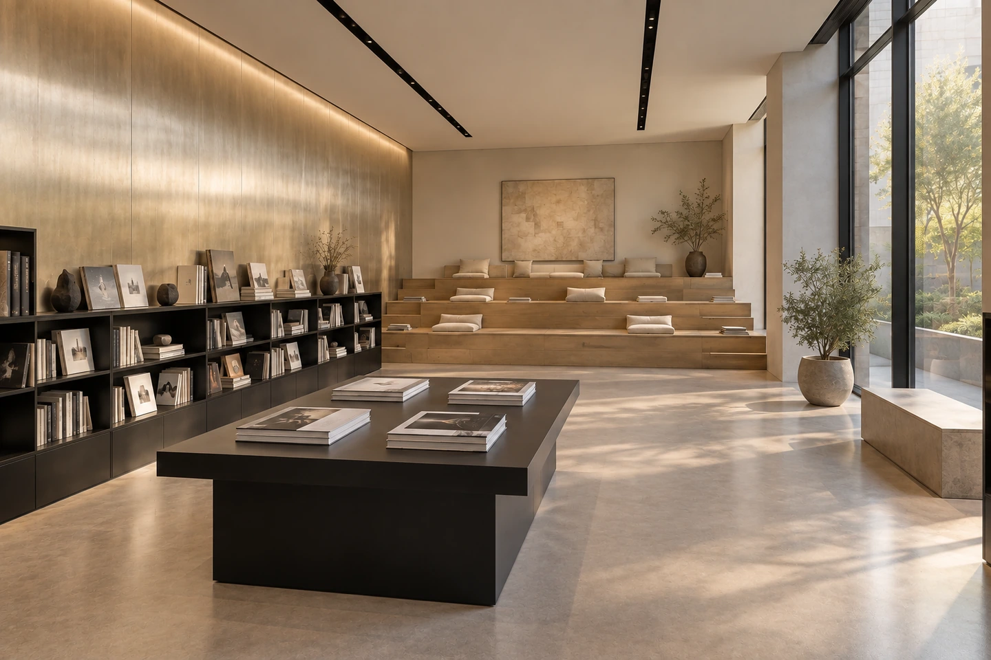 Librairie, champagne et gradins — autre angle.