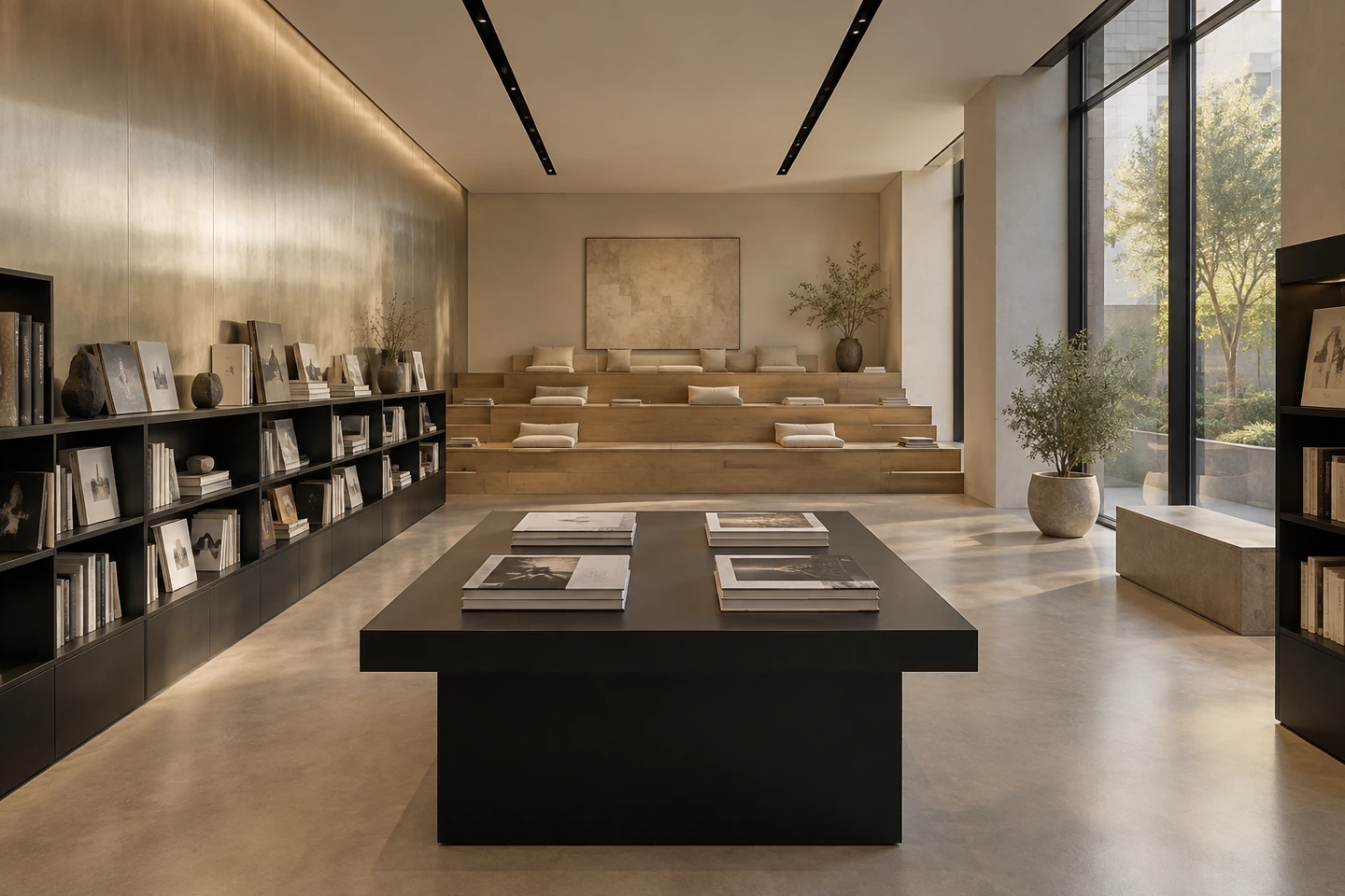 Librairie contemporaine, mur FERRÉLYS LIGHT champagne satiné au-dessus d'étagères noires