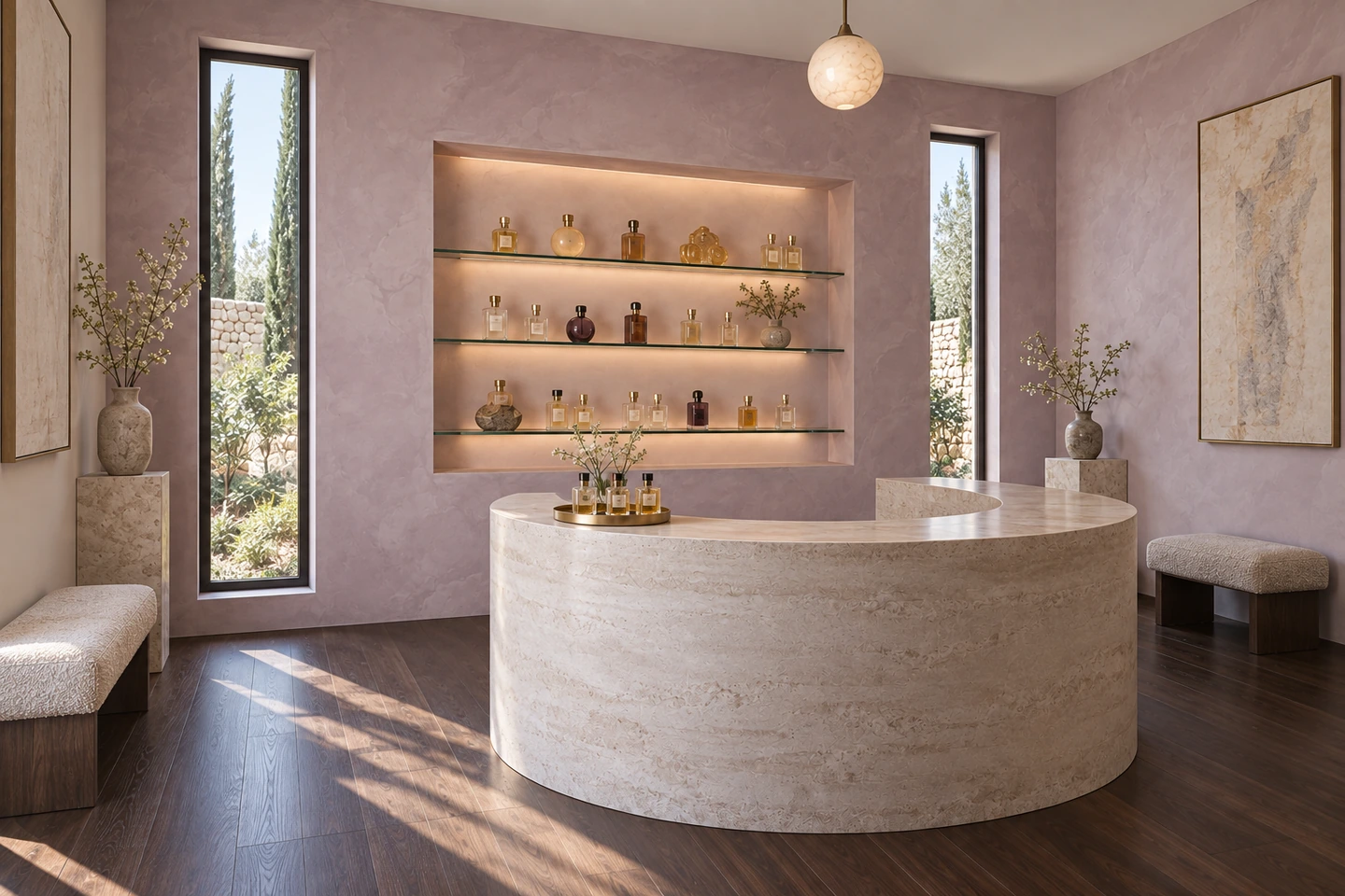 Parfumerie, lilas poli et alcôve — autre angle.