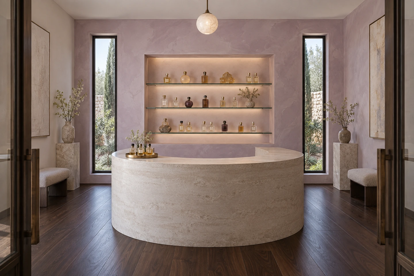 Parfumerie, lilas poli et alcôve — vue d’ensemble.