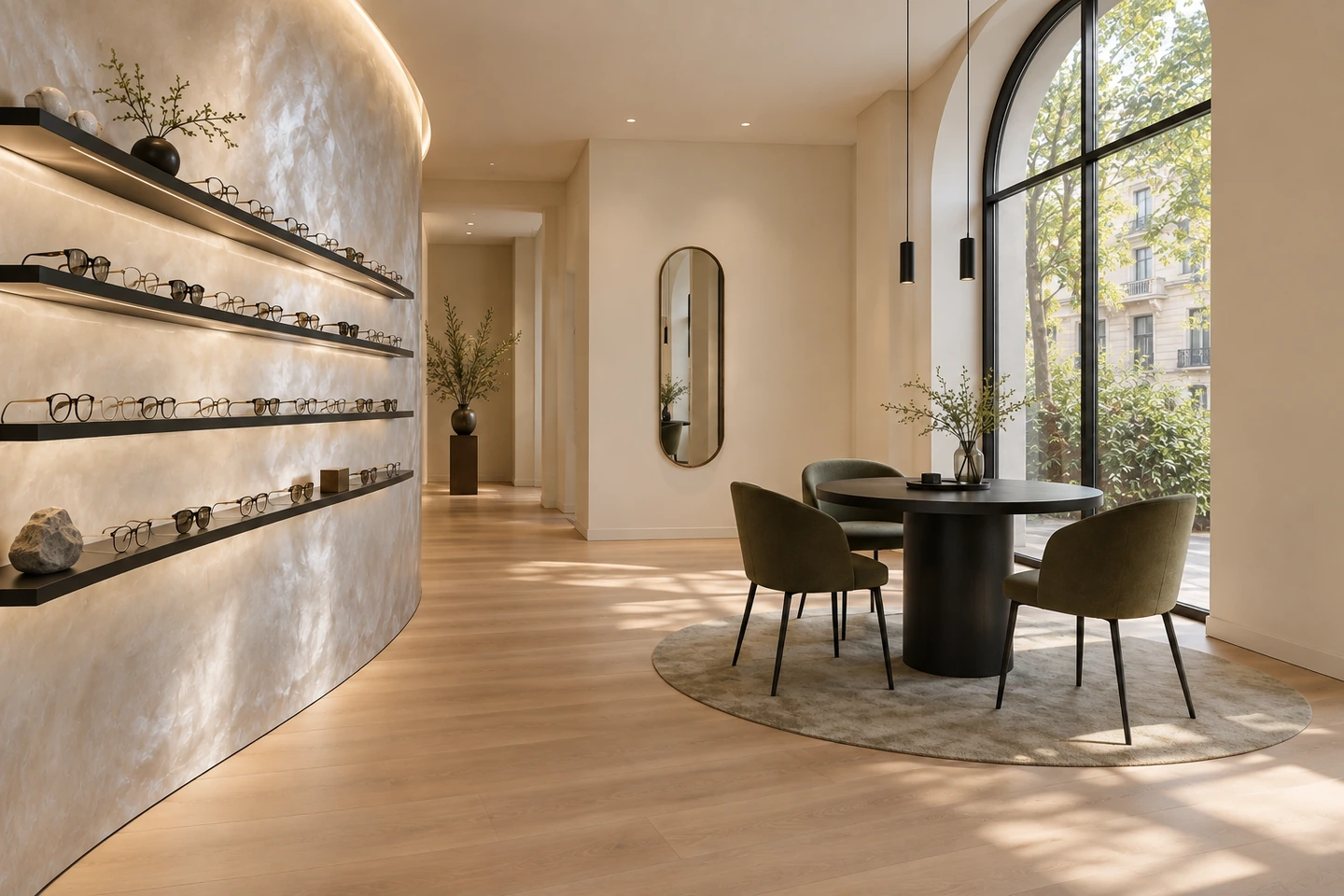 Boutique d'optique au mur courbe NACÉLUNE ivoire nacré, reflets argentés dans la lumière du jour