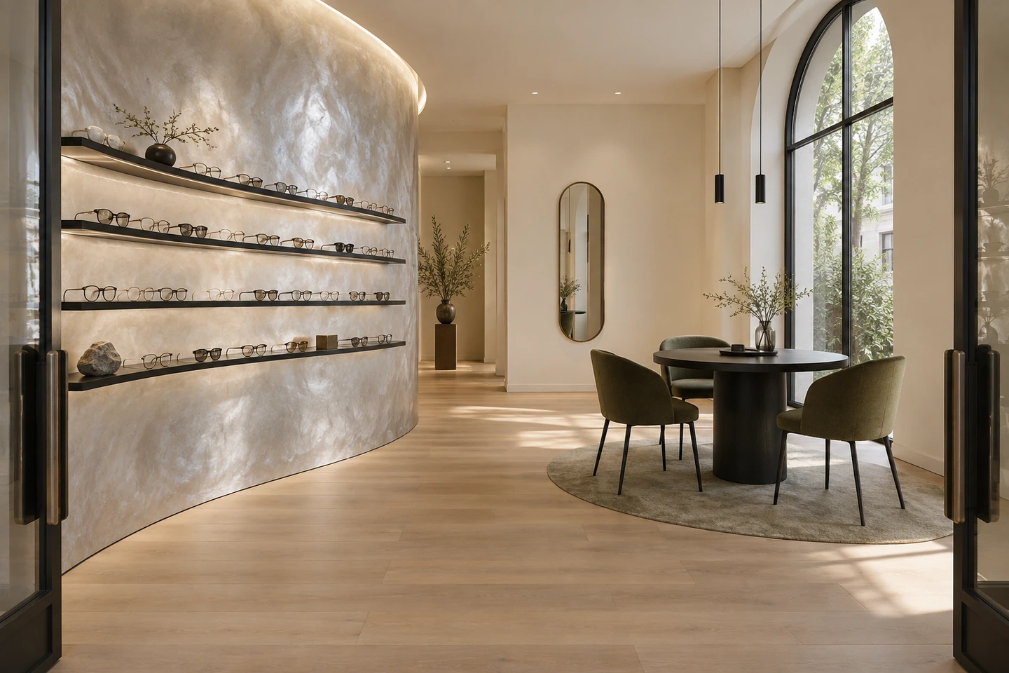 Opticien, nacre argentée et lignes douces — vue d’ensemble.