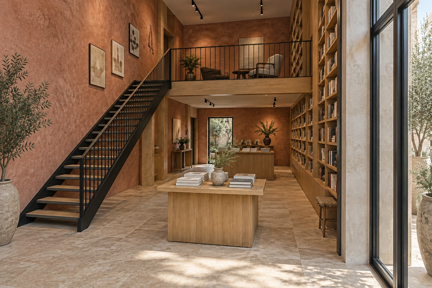 Librairie, rose sablé et mezzanine — autre angle.