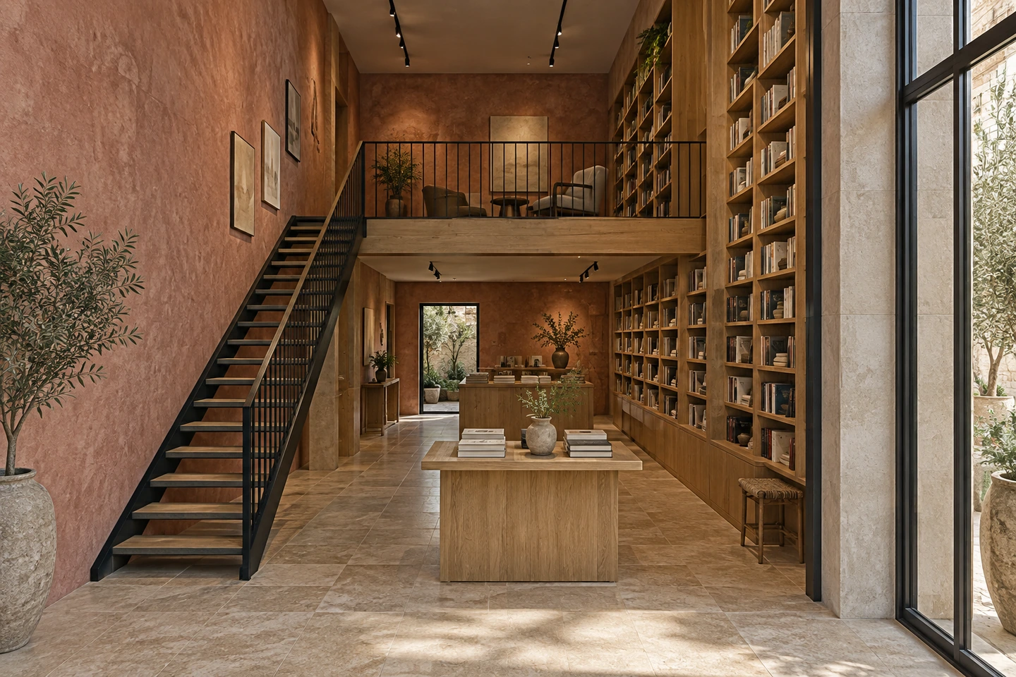 Librairie à mezzanine, murs SABELORA terracotta, escalier noir et bibliothèque en bois jusqu'au plafond