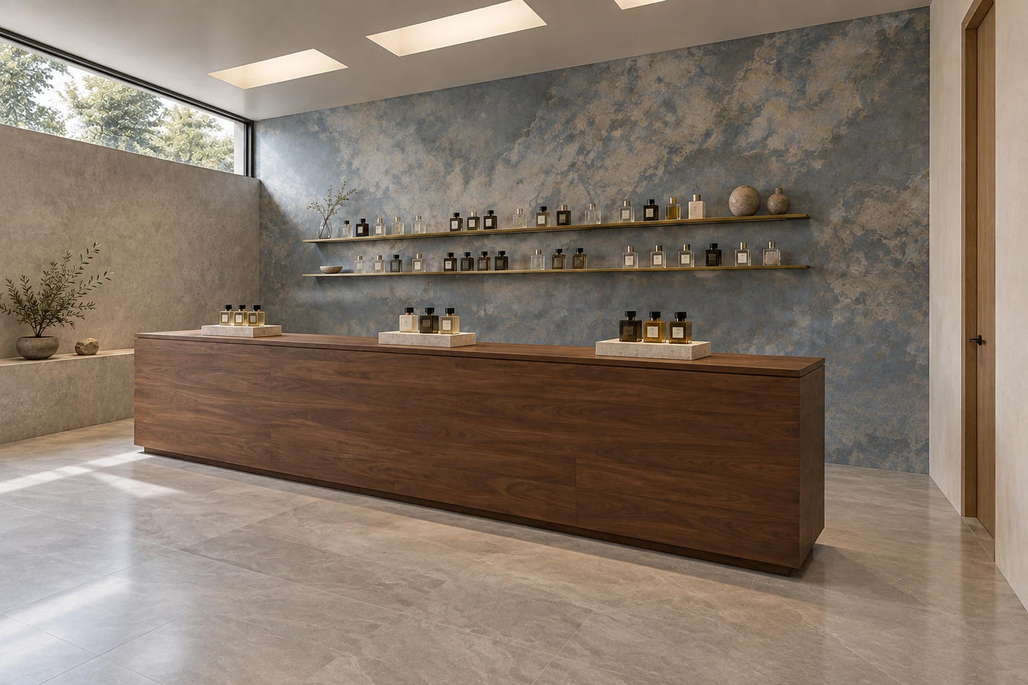 Parfumerie, bleu grisé et comptoir linéaire — autre angle.