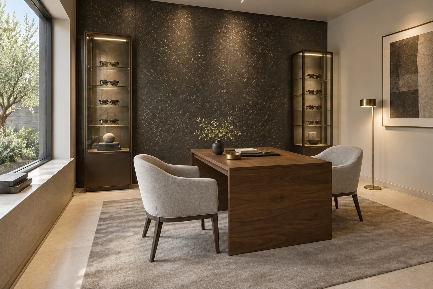 Espace conseil, mur FERRÉLYS graphite aux éclats dorés, fauteuils gris et vitrines éclairées