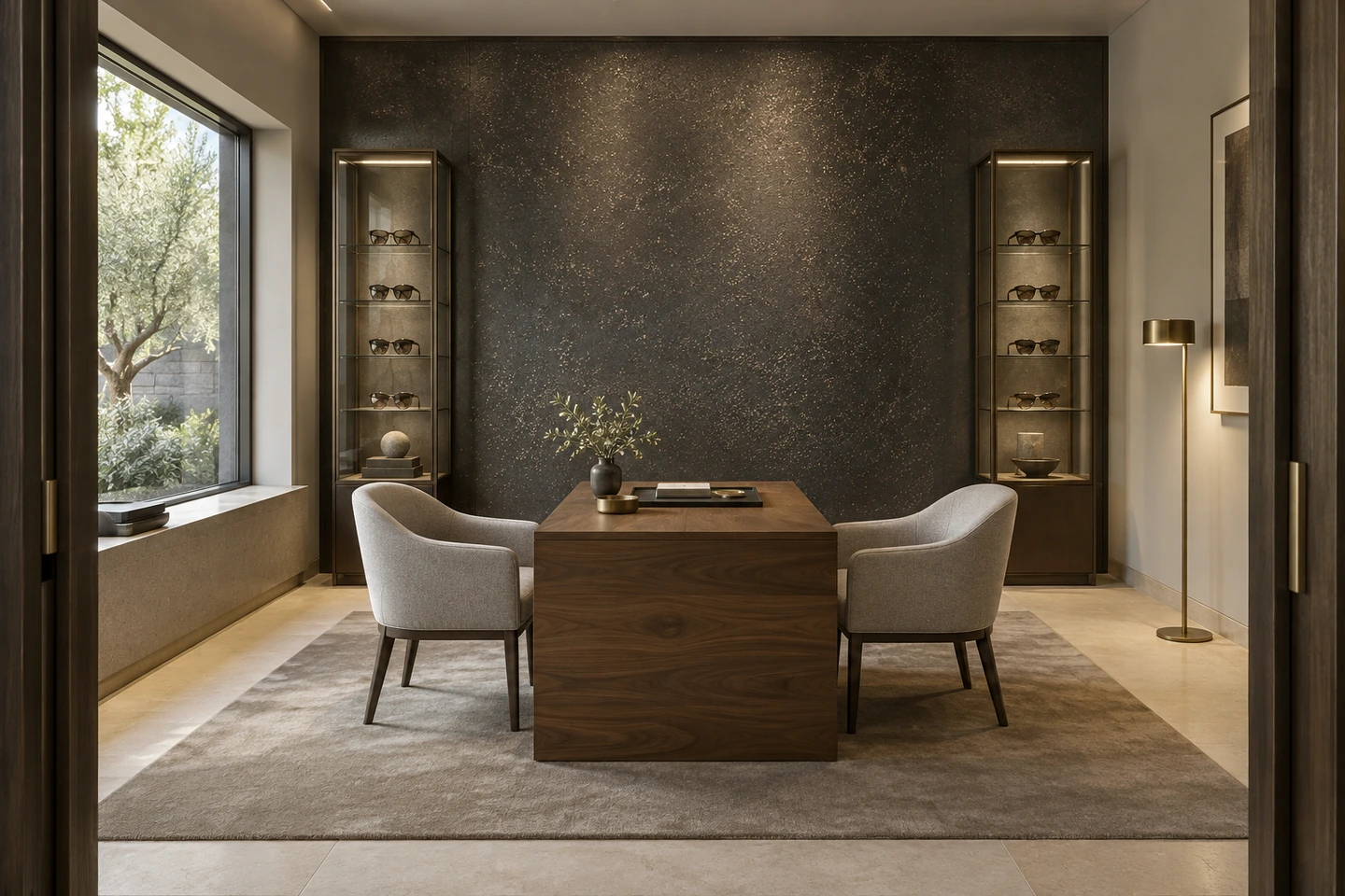 Boutique d'optique, mur FERRÉLYS graphite pailleté d'or entre deux vitrines, bureau en noyer