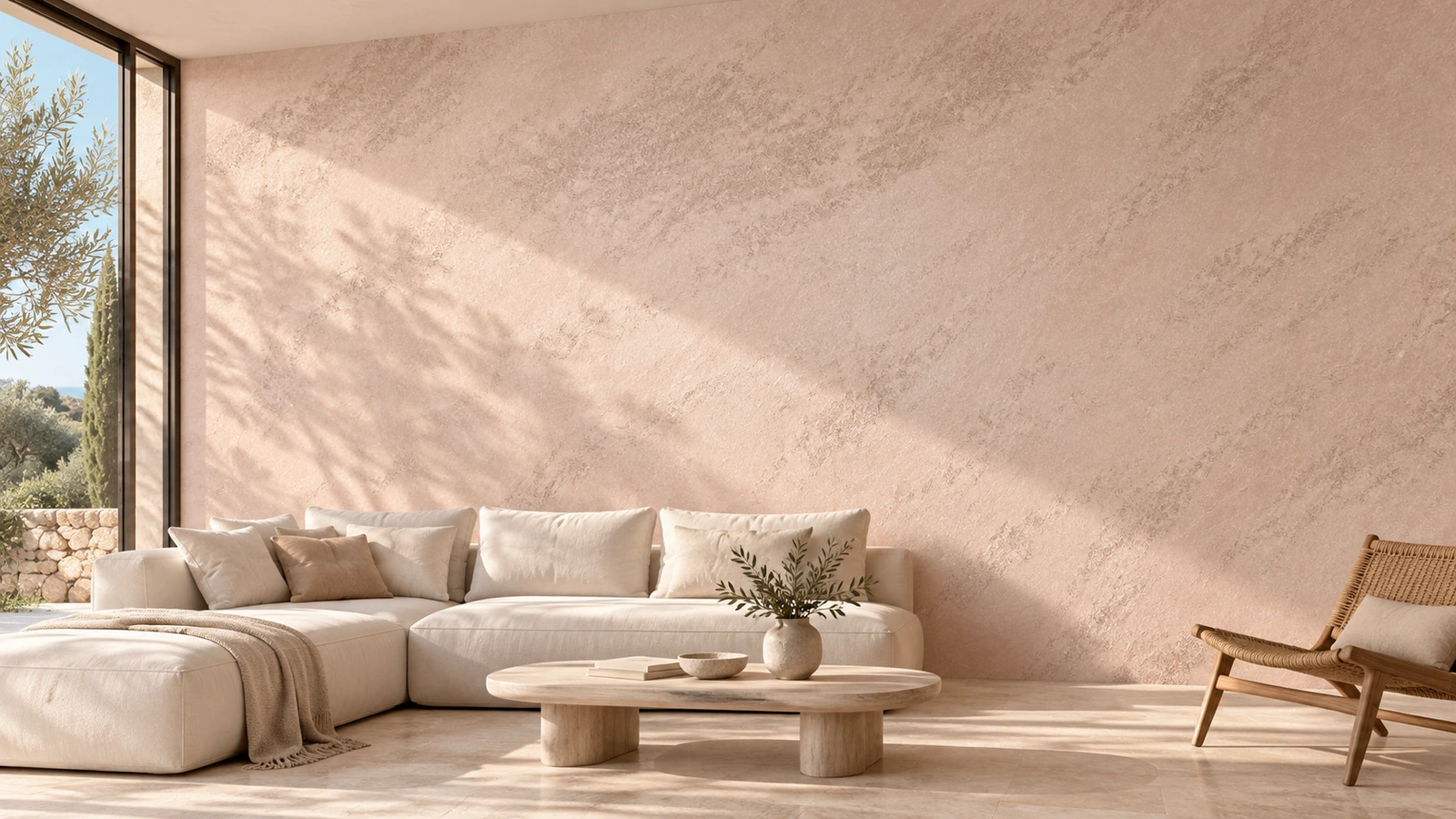 SABELORA, rose poudré sablé: vue de salon résidentiel lumineux.