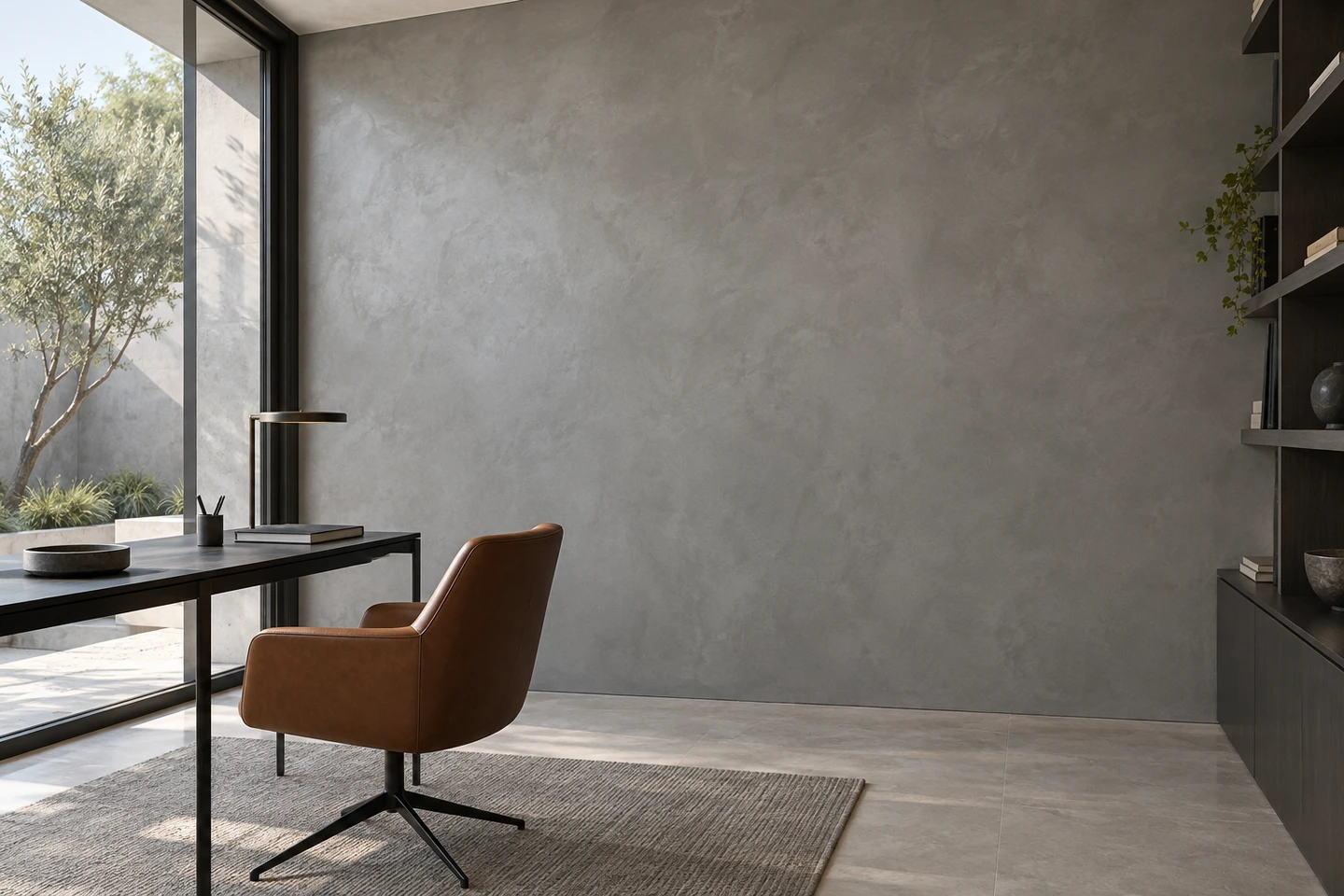 Bureau, mur STUCCORIA gris minéral lissé, table noire, fauteuil cognac et patio planté
