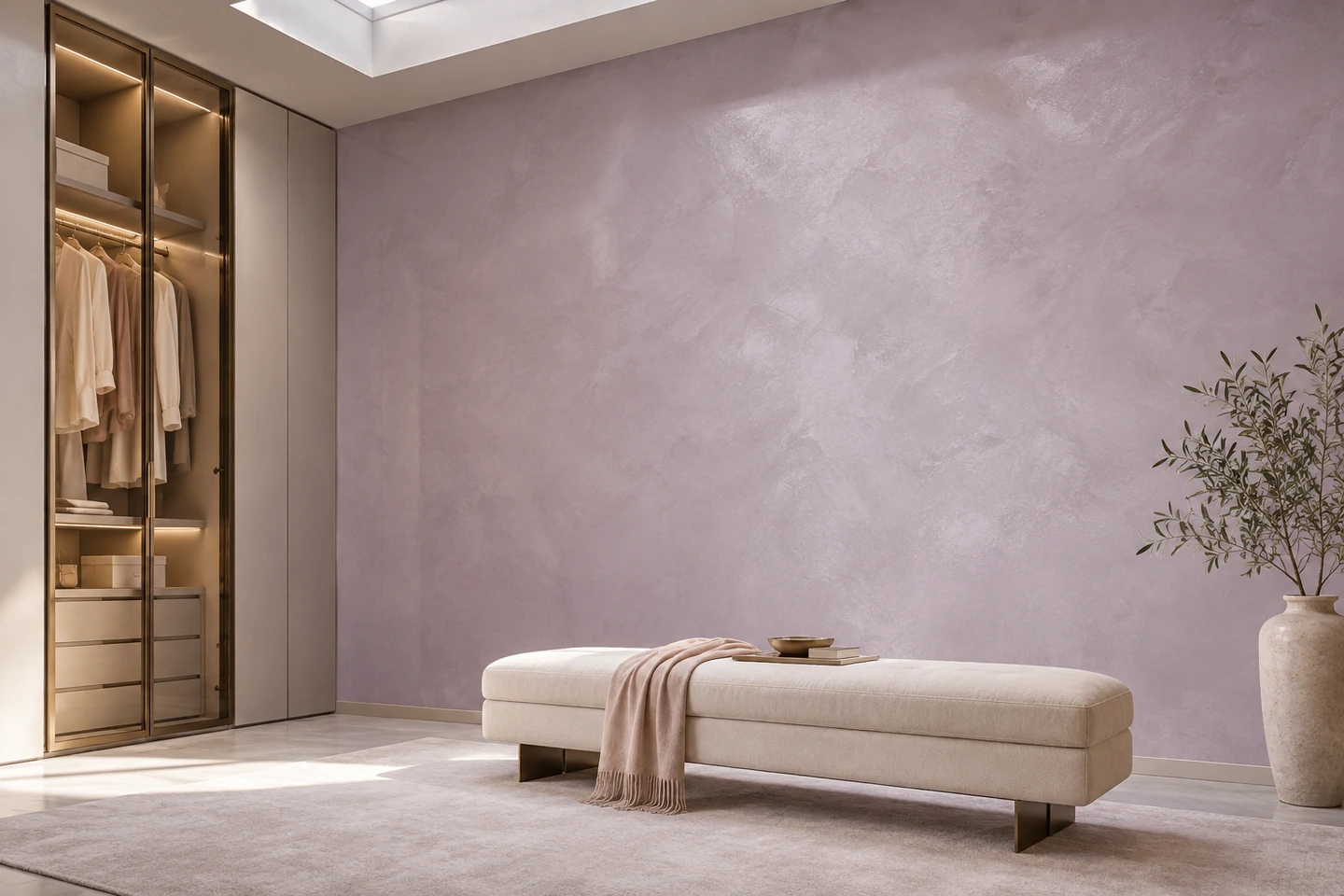 Dressing, mur STUCCORIA lilas poudré aux nuances satinées, banc tapissé et penderie en bois éclairée