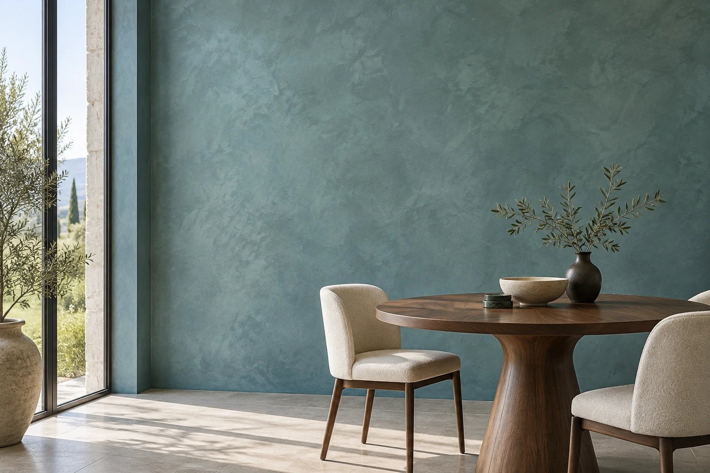 Salle à manger, mur STUCCORIA turquoise minéral finement nuancé, table ronde en noyer, vue sur les oliviers