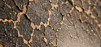 Détail CRAQUELIA noir et or : plaques sombres cernées de fissures dorées