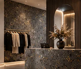 Boutique de mode, mur et comptoir FERRÉLYS ÉCLATS graphite et or, portant de vêtements et niche éclairée