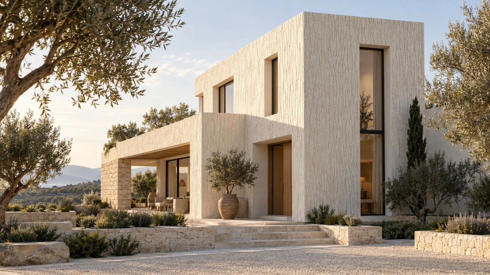 CORTEXA · Blanc minéral, Maison méditerranéenne en lumière de fin d’après-midi