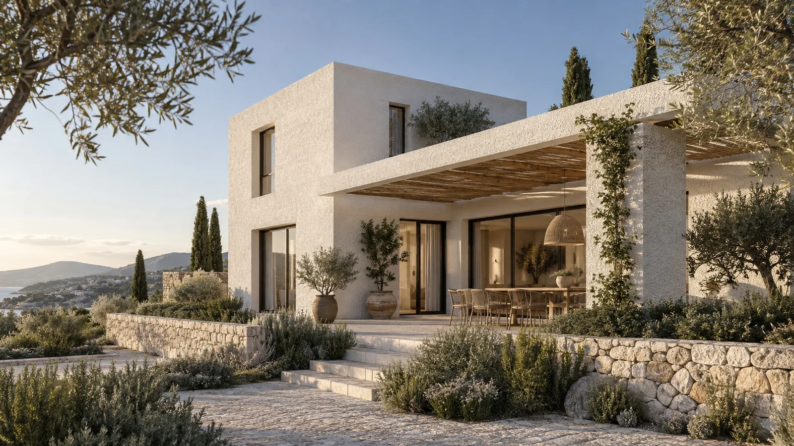 GRANIMORA · Blanc minéral, Maison méditerranéenne en lumière de fin d’après-midi