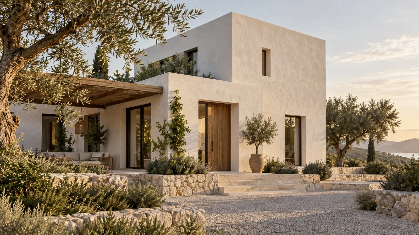 INTONARA · Blanc minéral, Maison méditerranéenne en lumière de fin d’après-midi