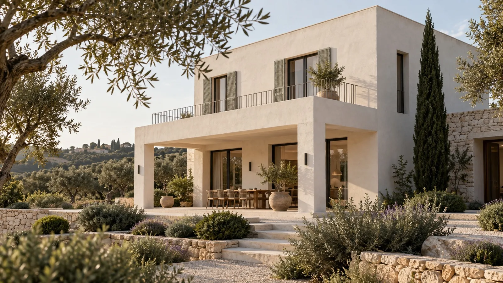 TERRAVIA · Blanc minéral, Maison méditerranéenne en lumière de fin d’après-midi