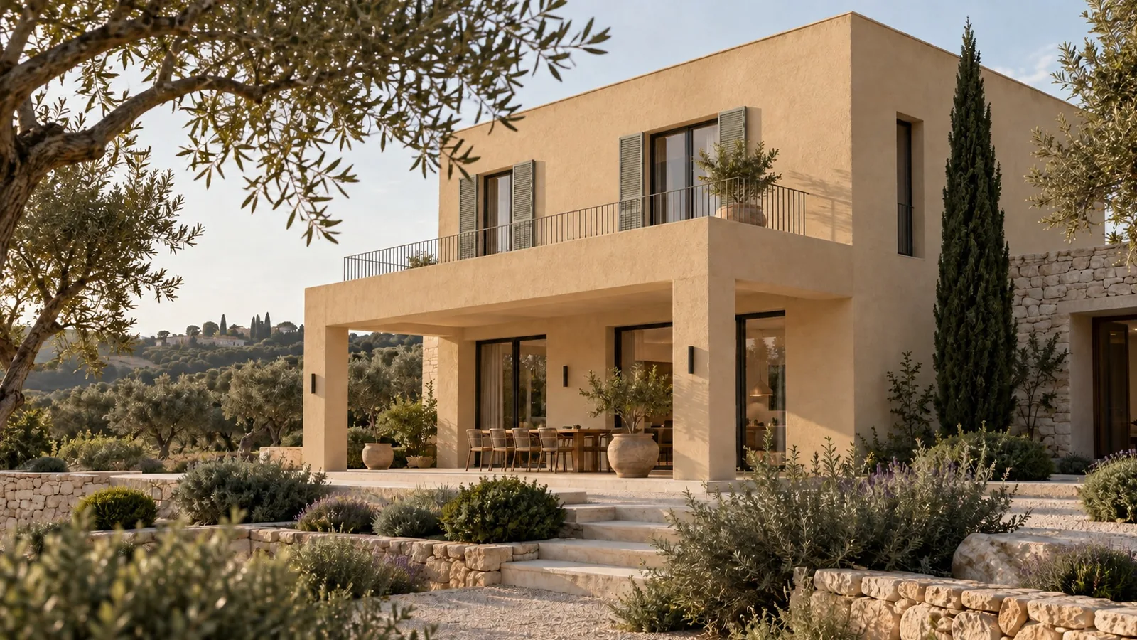 TERRAVIA · Sable, Maison méditerranéenne en lumière de fin d’après-midi